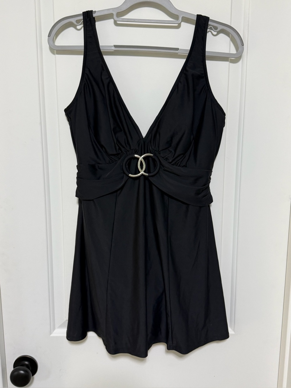 Black V-Neck Bathing Suit Dress with Double Ring Waist Detail